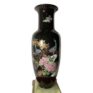 Vintage Kutani Japan Black Porcelain Peacock Floral Vase Gilt Peony 11 Inch